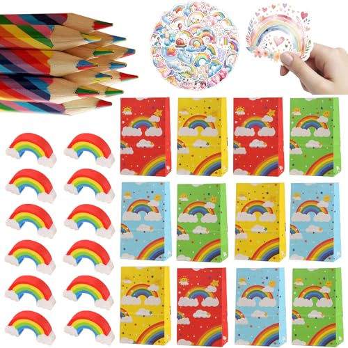 86 Stück Regenbogen Stifte Set,12 Regenbogenstift,12 Regenbogen Radiergummis,12 Regenbogen Geschenktüten und 50 Regenbogen Aufkleber,Regenbogen Buntstifte Kinder für Give Aways Kindergeburtstag von Eymobad