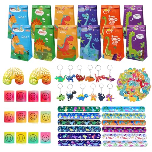 98Pcs Dino Party Mitgebsel Set, Dino Gastgeschenke Kinder,Dinosaurier Geburtstag Party Zubehör Mit Schnapparmbänder Schlüsselanhänger Geschenktüten Aufkleber, Fur Kindergeburtstag Junge Mädchen von Eymobad