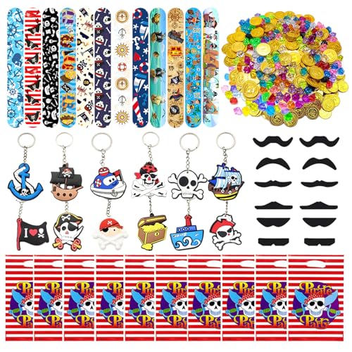 Eymobad 146Pcs Piraten Party Mitgebsel,Piratenkostüm Kindergeburtstag,Piraten Deko Kinder mit Schlüsselanhänger Schnapparmband Geschenktüte Piraten Goldmünzen Fur Karneval HalloweenJunge Mädchen von Eymobad
