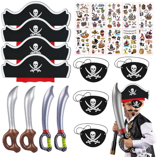 Eymobad 22 Pcs Piraten Deko Kindergeburtsta Set,Piratenkostüm Deko Karneval,4 Piratenhut 4 Pirat Filz Augenmaske 4 Schwert 10 pcs Piraten Tattoos,für Piratenparty Geburtstag Halloween Maskerade Eymobad 22 Pcs Piraten Deko Kindergeburtsta Set,Piratenkostüm Deko Karneval,4 Piratenhut 4 Pirat Filz Augenmaske 4 Schwert 10 pcs Piraten Tattoos,für Piratenparty Geburtstag Halloween Maskerade von Eymobad