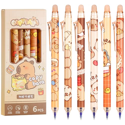 Eymobad 6 Stück Capybara Stifte,Capybara Gelstifte Radierbar,0.5MM Cartoon Tier Kugelschreiber Radierbar,Studenten Geschenk Schule Bürobedarf Schulsachen(Blaue Tinte) von Eymobad