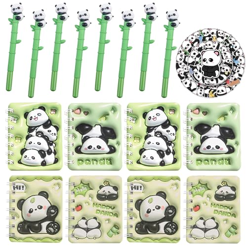 Eymobad 66 Stück Panda Schreibwaren Set,Panda Party Mitgebsel,8 Mini Spirale Notizblock,8 Cartoon Neutraler Stift,50 Panda Themen Aufkleber,Panda Schule Bürobedarf,Für Mädchen Jungen von Eymobad