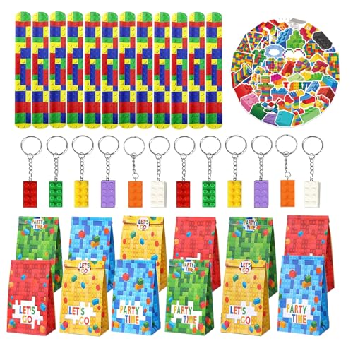 Eymobad 86 Stück Bausteine Party Mitgebsel, Kindergeburtstag Party Mitgebsel Deko,Bausteine Schlüsselanhänger Schnapparmband Aufkleber Partytüten für DIY Blöcken Themen Party Geschenk von Eymobad