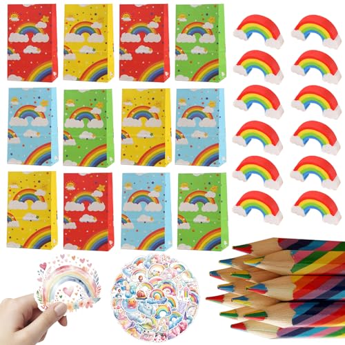 Eymobad 86 Stück Regenbogen Mitgebsel Set, 12 Regenbogenstift, 12 Regenbogen Papiertüten Kindergeburtstag,12 Regenbogen Radiergummis,50 Regenbogen Aufkleber, Geschenk für Kinder von Eymobad