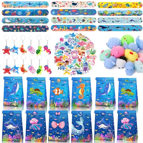 98Pcs Ozean Kindergeburtstag Gastgeschenk mit 12 Meerestiere Geschenktüten,12 Schlüsselanhänger,12 Armbändern,12 Squishys Spielzeug,und 50 Aufkleber,Meerestiere Party Mitgebsel,für Mädchen Jungen von Eymobad