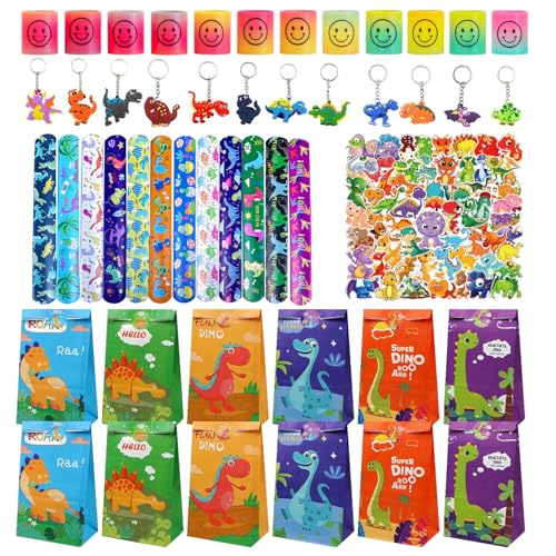 Eymobad 98Pcs Dino Party Mitgebsel Set,Give Aways Dinosaurier Kindergeburtstag Jungen mit Dino Schnapparmband Schlüsselanhänger Tattoos Geschenktüten Regenbogenkreis für Kindergeburtstag von Eymobad