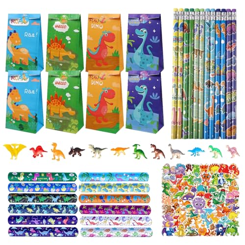 Eymobad Dino Party Mitgebsel Kindergeburtstag, 98 Stück Dinosaurier Geburtstagsdeko,Party Gastgeschenke Kinder Mit Dino Schlüsselanhänger Schnapparmband Geschenktüte Bleistifte von Eymobad