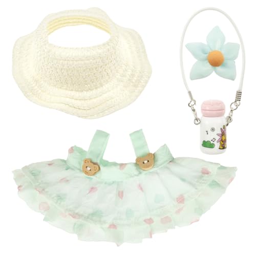 4 Teiliges Puppenkleidung Set 17cm Mini Plüsch Puppen Kleidung mit Rock Hut Grüner Blumenclip Einfaches An Ausziehen DIY Kinder Geschenke (Grün) von Eyoulife