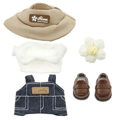 5 Teiliges Puppenkleidung Set 17cm Mini Plüsch Puppen Kleidung mit Hut Kurzarm Jeans Blumenclip Schuh Einfaches An Ausziehen DIY Kinder Geschenke (Khaki) von Eyoulife