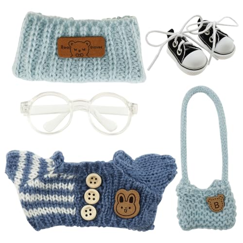 5 Teiliges Puppenkleidung Set 17cm Mini Plüsch Puppen Kleidung mit Pullover Mütze Tasche Brille Schuhe Einfaches An Ausziehen DIY Kinder Geschenke (Blau) von Eyoulife