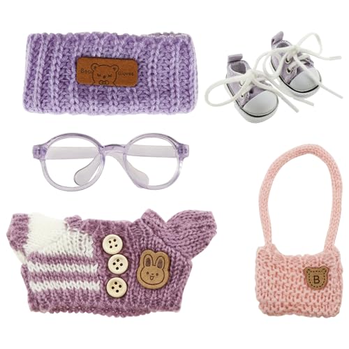 5 Teiliges Puppenkleidung Set 17cm Mini Plüsch Puppen Kleidung mit Pullover Mütze Tasche Brille Schuhe Einfaches An Ausziehen DIY Kinder Geschenke (Lila) von Eyoulife