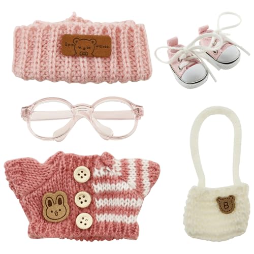 5 Teiliges Puppenkleidung Set 17cm Mini Plüsch Puppen Kleidung mit Pullover Mütze Tasche Brille Schuhe Einfaches An Ausziehen DIY Kinder Geschenke (Rosa) von Eyoulife