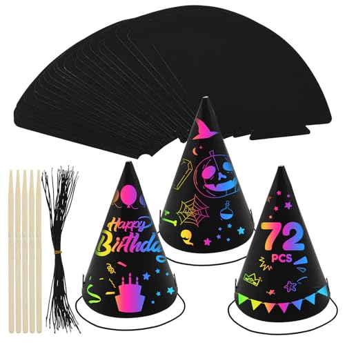 Eyoulife 72 Stück Partyhüte Kindergeburtstag Kann DIY, Geburtstagshut mit Elastisches Seil Holzstab Partyhüte Geburtstag für Geburtstagsfeiern Schulveranstaltungen Feiertagsfeier von Eyoulife