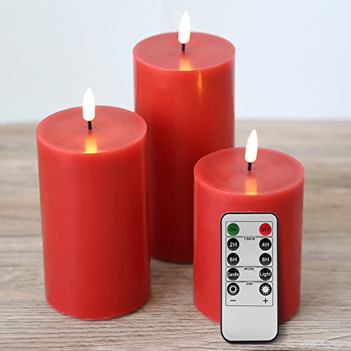Eywamage Red Flat Top Flameless LED Pillar Candles with Remote, Flickering Battery Operated Candles Set of 3 Φ 3" H 4" 5" 6" von Eywamage