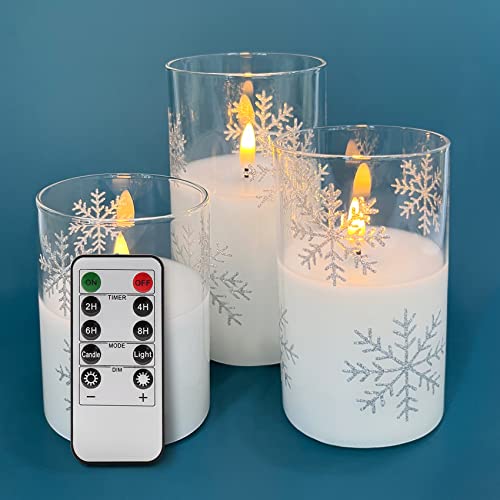 Eywamage Schneeflocke Glass LED flammenlose Kerzen mit Fernbedienung 3er Set Φ 3" H 4" 5" 6" von Eywamage