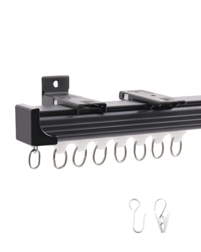 Ezcasch Gardinenschiene 1.5m Aluminium Vorhangschiene, Gardinenschiene 1 läufig Schwarz Deckenmontage Gardinen Schienensystem für Raumteiler, Balkon, Privatsphäre(Schiene x 2) von Ezcasch
