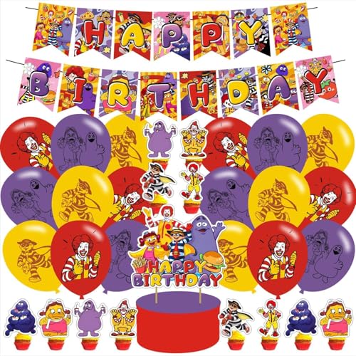 32 Stück Hamburglar Geburtstagsparty-Dekoration, Cartoon-Hamburglar Grimace Shake gelber Hut inklusive Kinder-Cartoon-Themen-Geburtstagsbanner, Kuchendekoration, Latex-Luftballons für Fans 32 Stück Hamburglar Geburtstagsparty-Dekoration, Cartoon-Hamburglar Grimace Shake gelber Hut inklusive Kinder-Cartoon-Themen-Geburtstagsbanner, Kuchendekoration, Latex-Luftballons für Fans von Ezcpigei