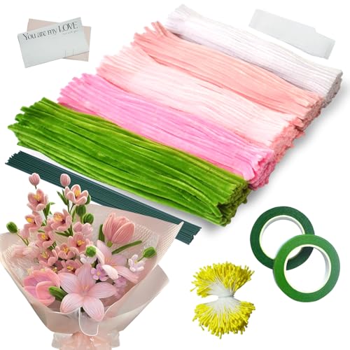 Ezitruz 500 Stück Pfeifenreiniger Blumen Set, 5 Farben Pfeifenputzer zum Basteln für DIY, mit Schleifenband, Klebeband, Staubblätter, Blumendraht, Blumenpapier, Anleitung zum Blumenbasteln(Rosa Grün) Ezitruz 500 Stück Pfeifenreiniger Blumen Set, 5 Farben Pfeifenputzer zum Basteln für DIY, mit Schleifenband, Klebeband, Staubblätter, Blumendraht, Blumenpapier, Anleitung zum Blumenbasteln(Rosa Grün) von Ezitruz