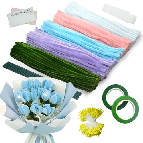 Ezitruz 500 Stück Pfeifenreiniger Blumen Set, 5 Farben Pfeifenputzer zum Basteln für DIY, mit Schleifenband, Klebeband, Staubblätter, Blumendraht, Blumenpapier, Anleitung zum Blumenbasteln, Violett Ezitruz 500 Stück Pfeifenreiniger Blumen Set, 5 Farben Pfeifenputzer zum Basteln für DIY, mit Schleifenband, Klebeband, Staubblätter, Blumendraht, Blumenpapier, Anleitung zum Blumenbasteln, Violett von Ezitruz