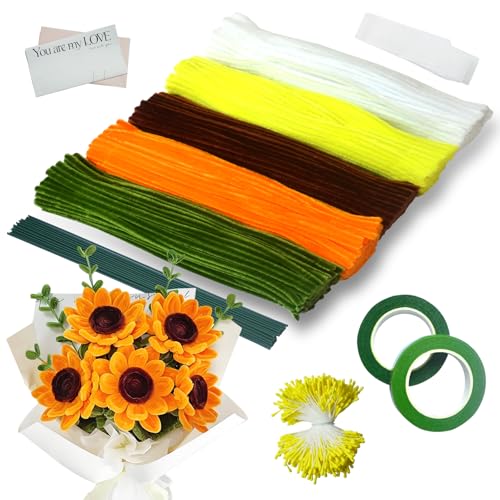 Ezitruz 500 Stück Pfeifenreiniger Blumen Set, 5 Farben Pfeifenputzer zum Basteln für DIY, mit Schleifenband, Klebeband, Staubblätter, Blumendraht, Blumenpapier, Anleitung zum Blumenbasteln, Gelb Ezitruz 500 Stück Pfeifenreiniger Blumen Set, 5 Farben Pfeifenputzer zum Basteln für DIY, mit Schleifenband, Klebeband, Staubblätter, Blumendraht, Blumenpapier, Anleitung zum Blumenbasteln, Gelb von Ezitruz