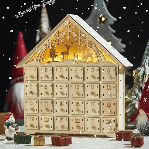 Weihnachts-Adventskalender aus Holz mit LED-Lichtern, 24 Schubladen, beleuchteter Holzdorf-Szene, Adventskalender, Weihnachtsdekoration für Kinder, Weihnachtsfeiertagsdekoration (A) von Eznaobo