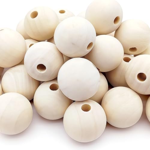 Holzkugeln mit Loch 30mm, 35 Stück Groß Runde Holzperlen Natur, Holzkugeln Makramee zum Auffädeln für DIY Schmuck Herstellung von Ezranova