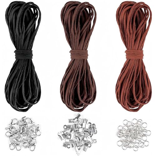 Lederschnur in 3 Farben - Echtes Leder mit Verschluss für die Schmuckherstellung - DIY-Armband, Halskette Bastelbedarf - Faux Suede Rope für Beading & Macramé (10m x 3mm) von Ezranova