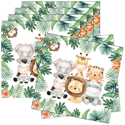 Ezydka 60 Stücke Dschungel Servietten 33x33 cm Tiere Servietten Kindergeburtstag Junge Papierserviette schungel,Party Motiv Tiere für Kindergeburtstag Party Deko von Ezydka