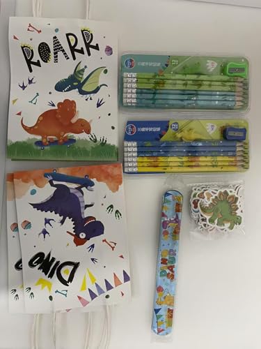 Ezydka Dino Mitgebsel Kindergeburtstag Pinata Party Give Aways Gastgeschenke Dinosaurier mitgebsel für Geburstag Geschenke Jungen(Bleistift, Geschenktüte, Sticker, Schnapparmband) von Ezydka