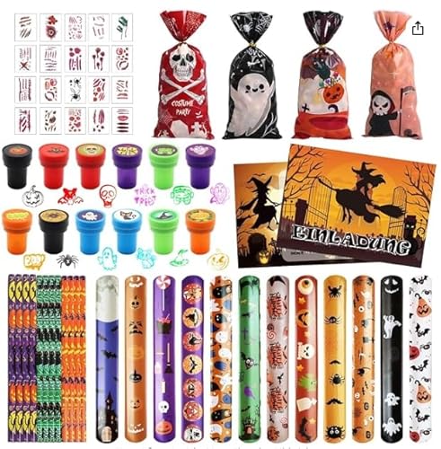 Ezydka Halloween Party Mitgebsel Set 98 Stück Halloween Kinder Gastgeschenke Give Aways mit Bleistifte Geschenktüten Radiergummi Aufkleber Slap Armbänder für Kinder Party Favors Pinata Ezydka Halloween Party Mitgebsel Set 98 Stück Halloween Kinder Gastgeschenke Give Aways mit Bleistifte Geschenktüten Radiergummi Aufkleber Slap Armbänder für Kinder Party Favors Pinata von Ezydka