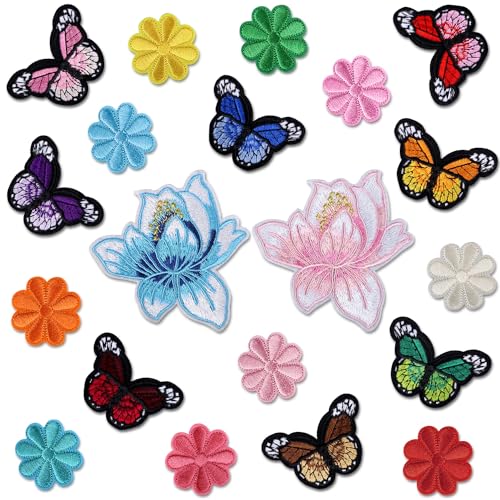 Ezydka Patches zum Aufbügeln Blumen 20 Stück Bügelflicken für Kinder, Flicken zum Aufbügeln für DIY Kleidung Jacken Rucksäcke Jeans Patches, Blumen und Schmetterling von Ezydka