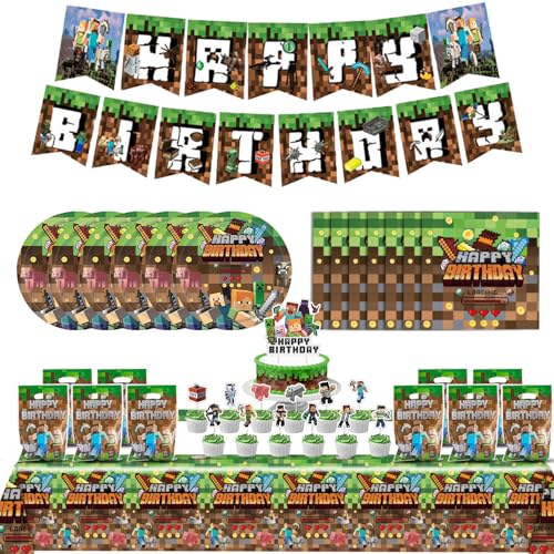 Ezydka Spiel Geburtstagsdeko Pixel Partygeschirr Set Jungen Kindergeburtstag Party Set mit Tischdecke, Partygeschirr, Servietten, Geschenktüte, Kuchen Deko, Banner für Party Supplies Ezydka Spiel Geburtstagsdeko Pixel Partygeschirr Set Jungen Kindergeburtstag Party Set mit Tischdecke, Partygeschirr, Servietten, Geschenktüte, Kuchen Deko, Banner für Party Supplies von Ezydka