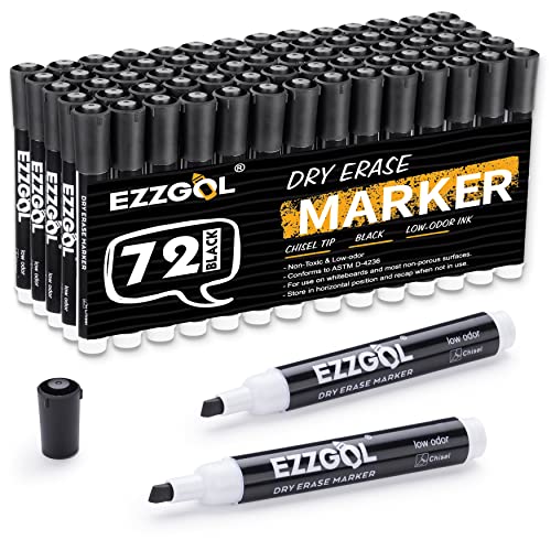 Ezzgol Whiteboard-Marker, Großpackung, 72 Stück, schwarz, geruchsarm, Keilspitze, trocken abwischbar, perfekt zum Schreiben auf trocken abwischbaren Whiteboards, Spiegelglas für Schule, Büro oder von Ezzgol