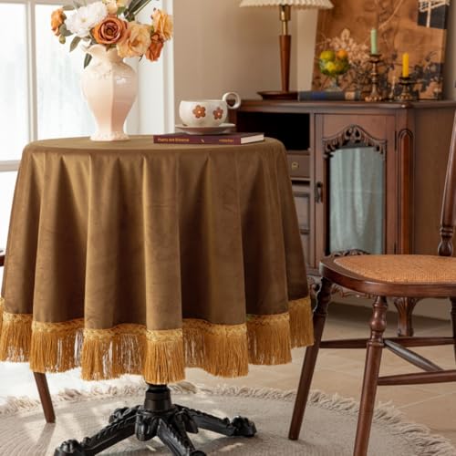 F-CHU Luxuriöse Kamel-Tischdecke aus dickem Samt mit schönen goldfarbenen Quasten, Vintage-Tischdecke für Heimdekoration, Hochzeit, Party, Bankett und Veranstaltungen, 122 cm, rund F-CHU Luxuriöse Kamel-Tischdecke aus dickem Samt mit schönen goldfarbenen Quasten, Vintage-Tischdecke für Heimdekoration, Hochzeit, Party, Bankett und Veranstaltungen, 122 cm, rund von F-CHU