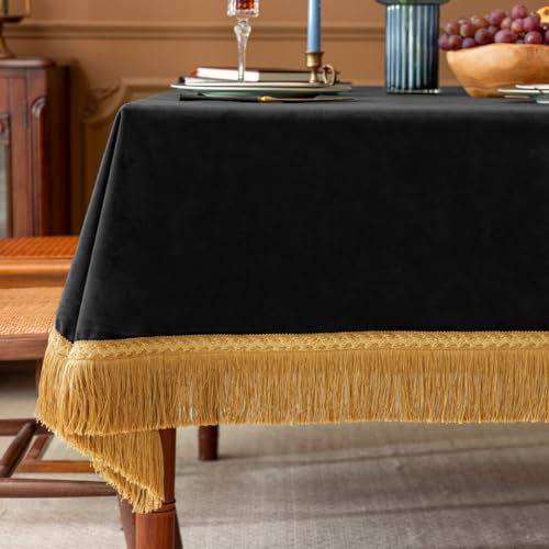 F-CHU Luxuriöse schwarze Tischdecke, dicke Samt-Tischdecke mit schönen goldenen Quasten, Tischdecke für Heimdekoration, Hochzeit, Party, Bankett und Veranstaltungen, 152 x 213 cm von F-CHU