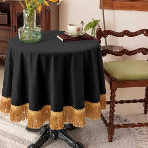 F-CHU Luxuriöse schwarze Tischdecke aus dickem Samt mit schönen goldfarbenen Quasten, Vintage-Tischdecke für Heimdekoration, Hochzeit, Party, Bankett und Veranstaltungen, 122 cm, rund F-CHU Luxuriöse schwarze Tischdecke aus dickem Samt mit schönen goldfarbenen Quasten, Vintage-Tischdecke für Heimdekoration, Hochzeit, Party, Bankett und Veranstaltungen, 122 cm, rund von F-CHU