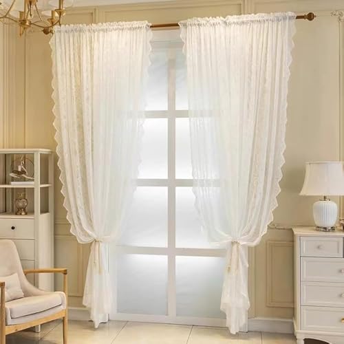 F-CHU Spitzen-Vorhänge für Fenster, 137,2 cm lang, Vintage-Netzvorhänge für Altes Haus, Shabby Chic, durchscheinende Voile-Vorhänge, 2 Bahnen (140 cm Breite x 183 cm Länge), weiße Vorhänge von F-CHU