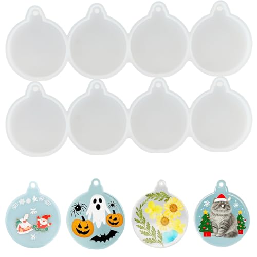 2 Stück tiefe, runde Ornament-Harzform mit 4 Mulden, runde Silikon-Schlüsselanhänger-Formen für Epoxidharz, Weihnachtsbaumschmuck, Weihnachtskugeln, Halloween-Geschenk von F FYJS