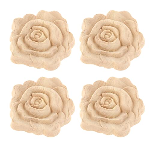 F Fityle 4 Stück Holz Geschnitzte Applikationen Onlay Rose Flower Carving Decals unlackierte Holzfiguren Zierleisten für Türrahmen Schrank Möbel Dekor Ornament, Durchmesser 2,76 Zoll von F Fityle