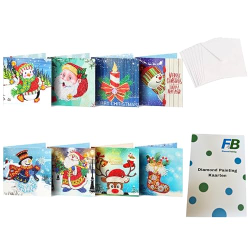 F4B 8 Stück Weihnachtskarten Diamond Painting 15x15cm | Runde Strasssteine | Mit Briefumschlägen | Weihnachten | Kartenset | Karten | Frohe Weihnachten | Kinder | Paket Erwachsene und Kinder von F4B