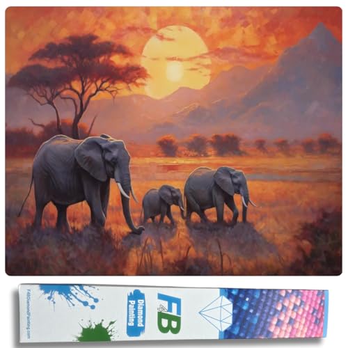 F4B Elefanten auf der Savanne Diamond Painting 40x50cm | Quadratische Strasssteine | Tiere | Savanne | Afrika | Elefanten | Diamantmalerei Paket Erwachsene | Kinder | Volldeckend von F4B