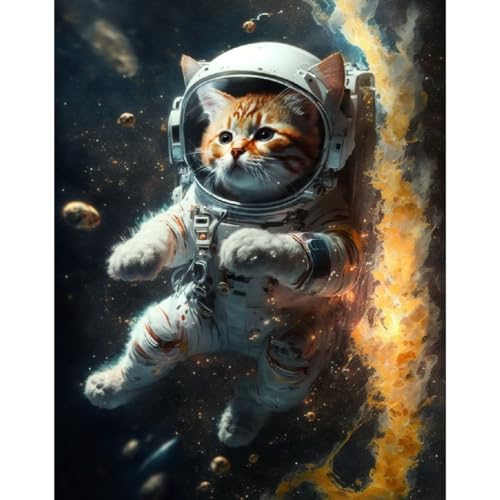 F4B Katze im Raum Diamond Painting 40x50cm | Quadratische Strasssteine | Tiere | Katze | Planeten | Diamond Painting Paket Erwachsene | Kinder | Vollstndig Deckend von F4B