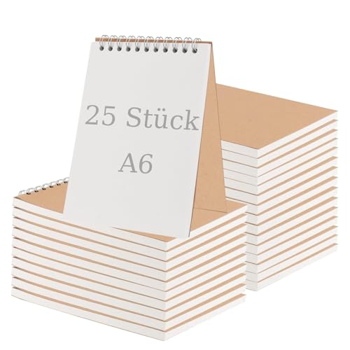 FAAING 25 Stück Skizzenbuch A6 Spiralbindung, 60 Blatt/120 Seiten Spiral Skizzenblock A6 Blanko, Zeichenblock Klein Skizzenblock Kraft Notizbuch zum Zeichnen, Malen von FAAING