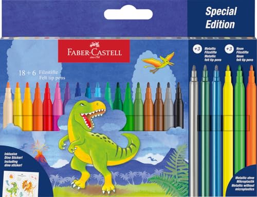 FABER-CASTELL 554222 - Filzstifte Set Dino, 24 Fasermaler in Standard- und Pastellfarben von FABER-CASTELL