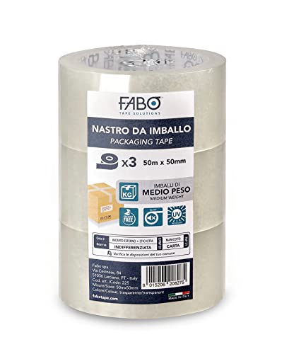 3 Klebebänder für die Verpackung, transparent, 50 m x 50 mm, leise Anwendung, Acrylkleber auf Wasserbasis, ohne Lösungsmittel, alterungs- und UV-beständig, hergestellt in Italien von FABO Tape Solutions