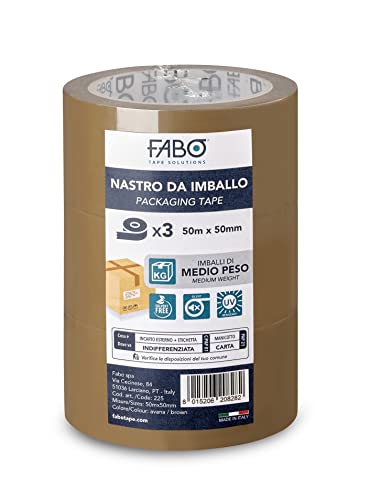 Fabo 3 Stück Klebeband zur Verpackung, Havanna, 50 m x 50 mm, geräuscharm, Acrylkleber auf Wasserbasis, ohne Lösungsmittel, alterungs- und UV-beständig, hergestellt in Italien von FABO Tape Solutions