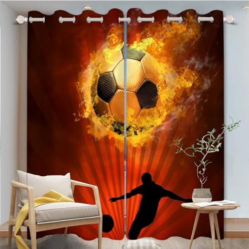 FABTOP Fußball Gardinen Verdunklungsgardine Kinder Jungen Sport Vorhänge 3D-Druck Fußball Kunst Gardinen Blickdicht Für Kinderzimmer Wohnzimmer (1,150×166BxH (75×166cm×2)) von FABTOP