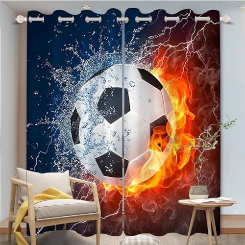 FABTOP Fußball Gardinen Verdunklungsgardine Kinder Jungen Sport Vorhänge 3D-Druck Fußball Kunst Gardinen Blickdicht Für Kinderzimmer Wohnzimmer (5,220×215BxH (110×215cm×2)) von FABTOP