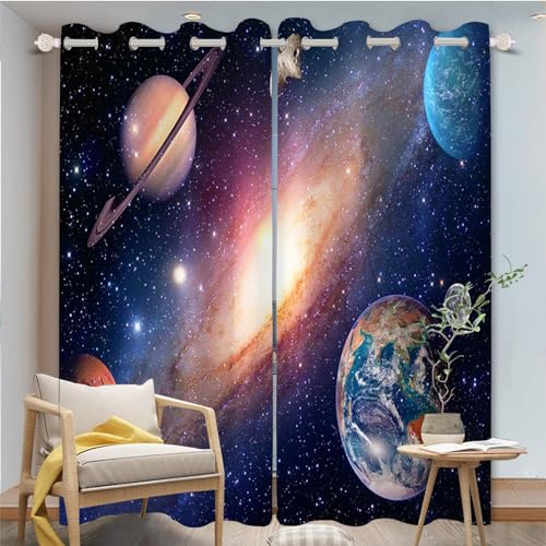 FABTOP Galaxy Planet Verdunkelungsvorhänge, Weltraum-Vorhänge, Planet, Erde, Galaxie, Sternenhimmel Blickdichte Vorhänge, Sonnensystem Planet Vorhänge Jungen (3,100×140BxH (50×140cm×2)) von FABTOP