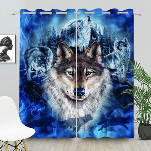 FABTOP Verdunklungsvorhänge Kinderzimmer 3D Modetier Wolf Vorhang Kinderzimmer Blickdicht Gardinen Tier Wolf Gardinen Mit Ösen Wald Wolf Vorhänge (7,280×245BxH (140×245cm×2)) von FABTOP
